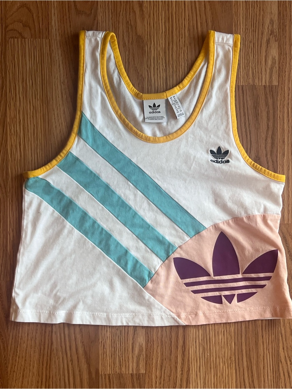 Adidas  White Tank Top with Pastel Blue Stripes & Purple Trefoil